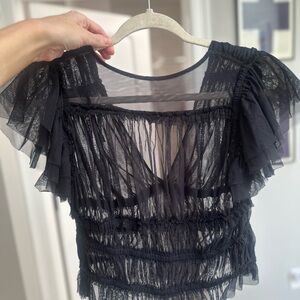 Free People Black Sheer Ruffle Blouse